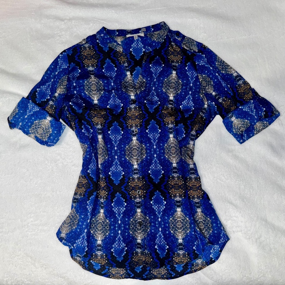 Calvin Klein women's roll tab long sleeve blue snakeskin blouse Size S